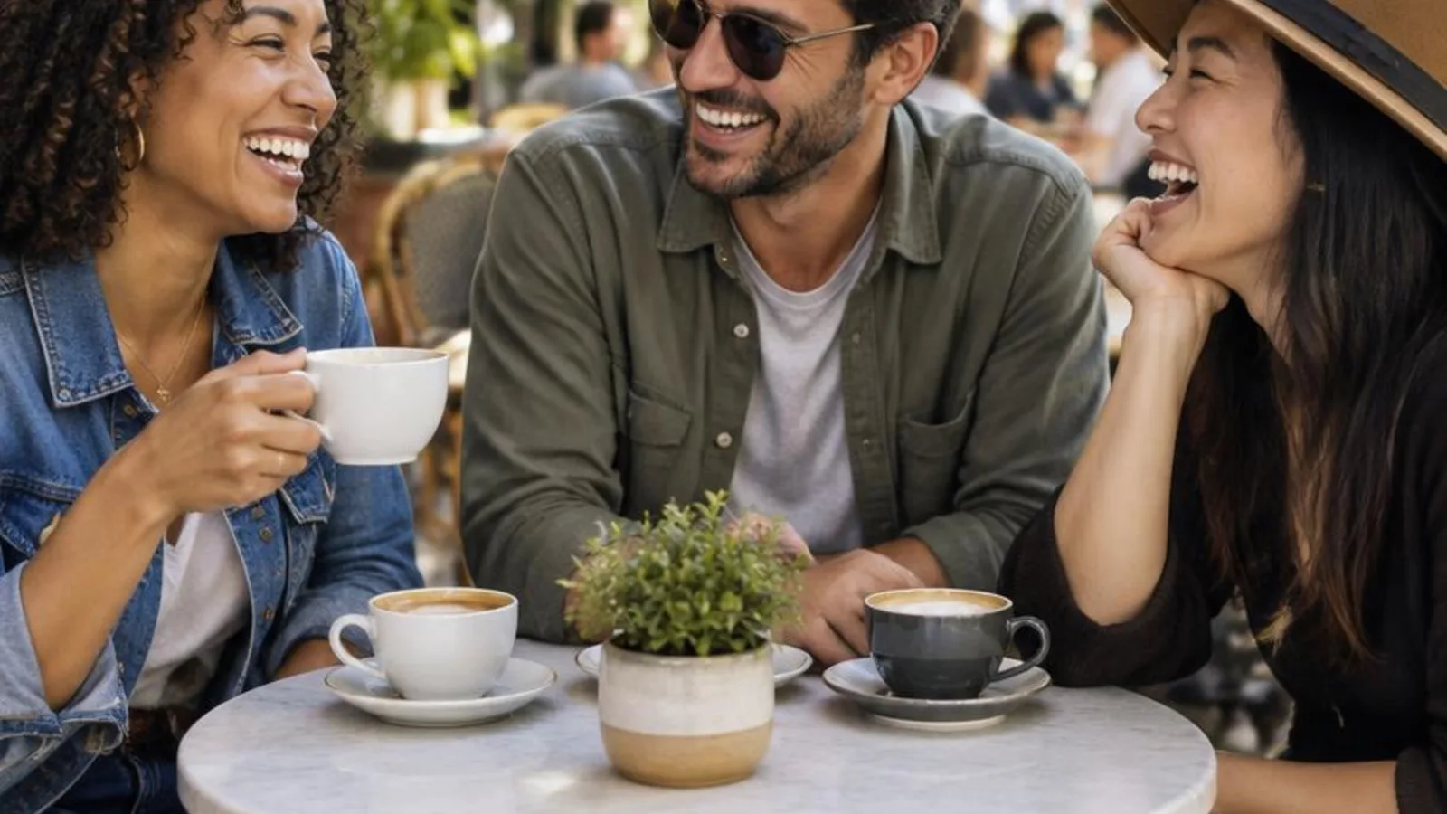 Small group of adults laughing over coffee at an outdoor table on a sunny afternoon