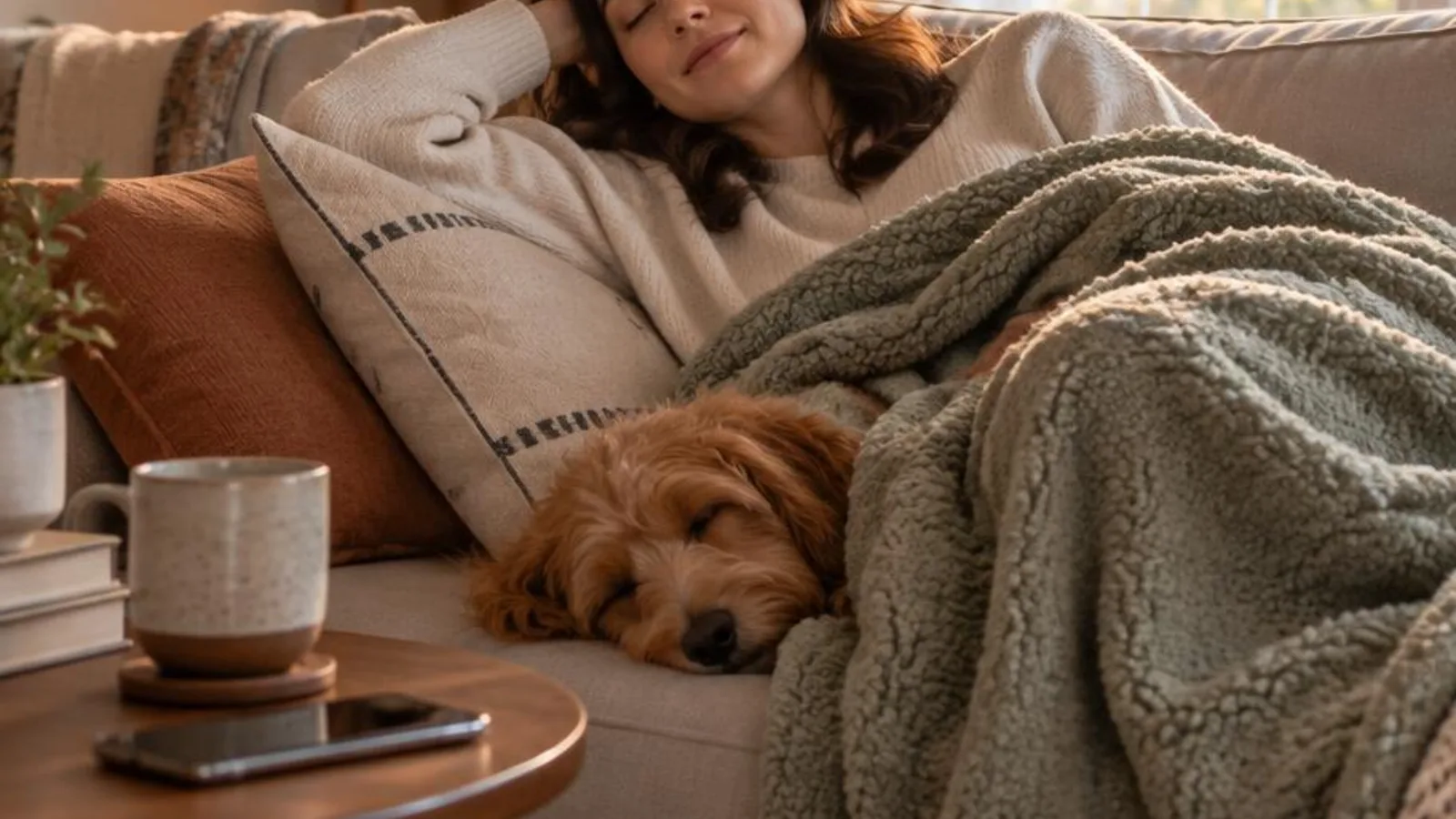 Soft afternoon light on a couch with a blanket and a closed book, inviting quiet rest