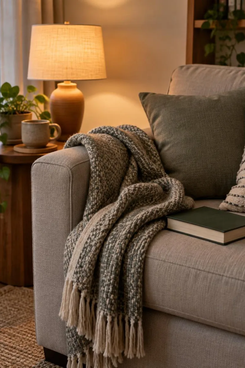 Person resting on a couch with a soft blanket and afternoon light, phone set aside