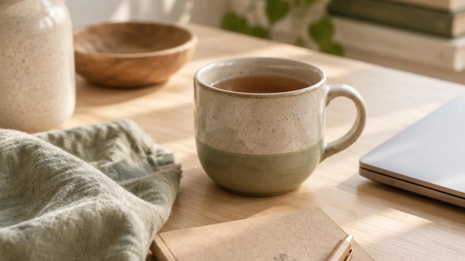 A quiet table with tea, a closed laptop, and a handwritten note suggesting a calm pause before answering