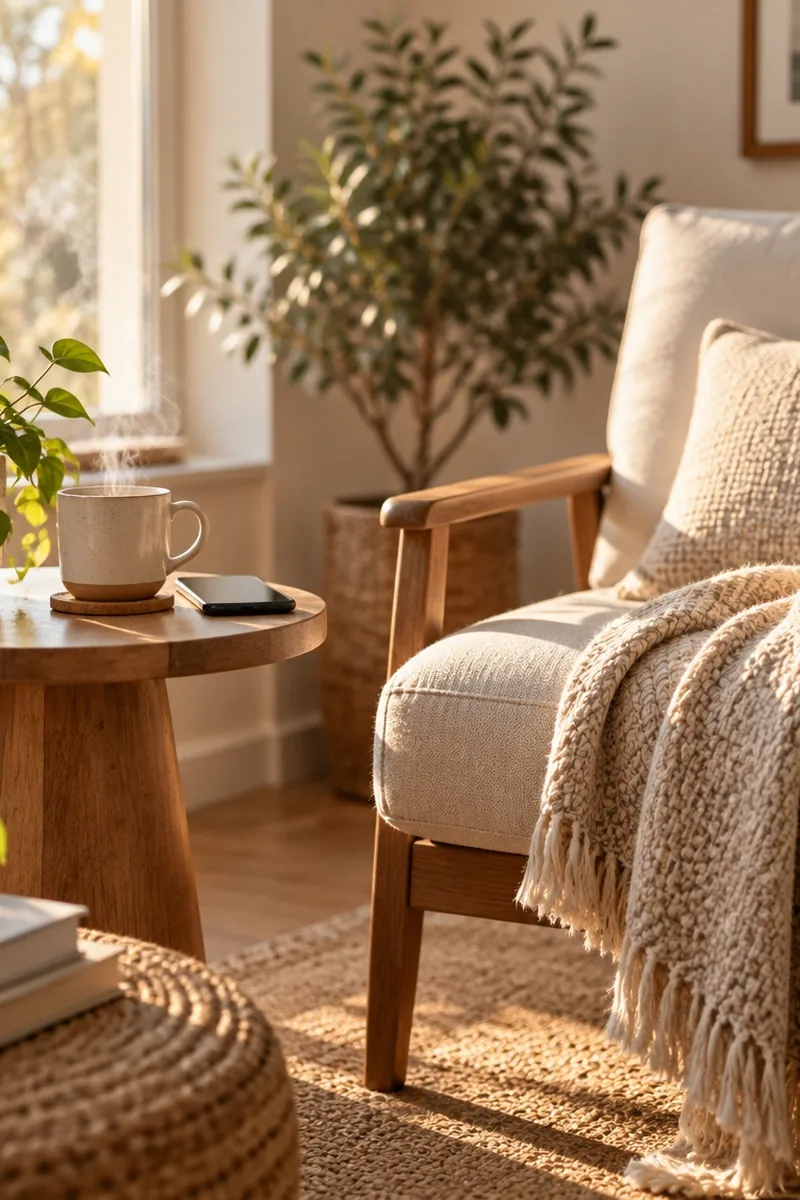 A calm desk with a closed notebook, a mug of tea, and soft afternoon light suggesting a pause before answering