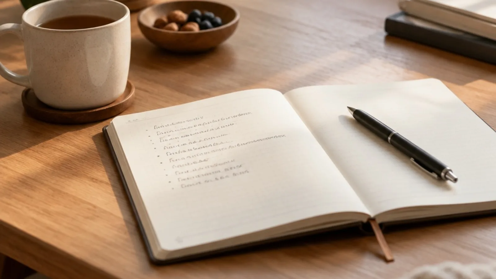 Simple open notebook with short bullet points and a pen on a calm desk