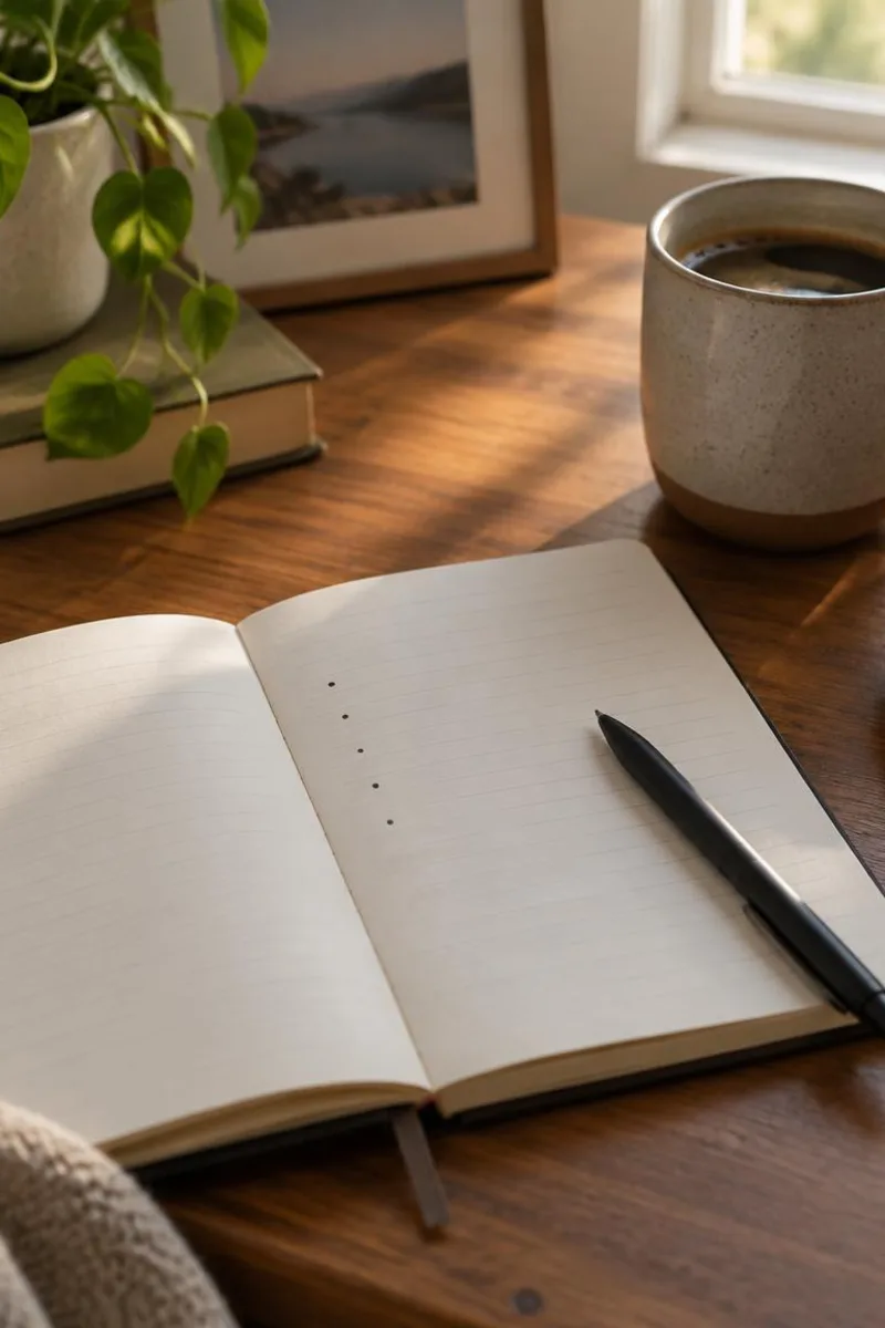 Open notebook with a short bullet list and a pen, low-pressure journaling setup