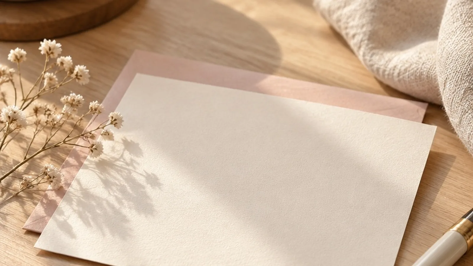 A soft tabletop with a pen, blank note card, and morning light ready for a sincere handwritten apology