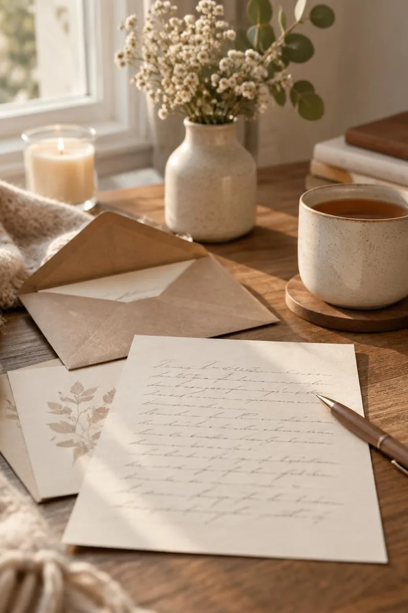 A handwritten apology note beside a pen and a small envelope on a soft linen tablecloth