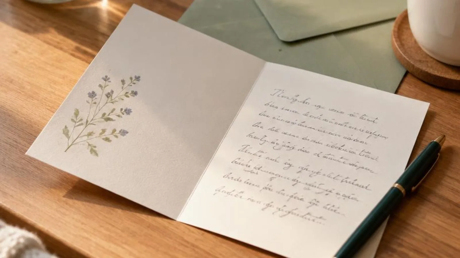 Open thank-you card with pen and soft morning light on a wooden desk