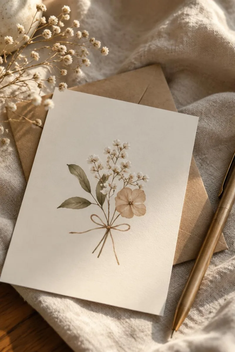 Handwritten thank-you note with pen and envelope on a soft linen table