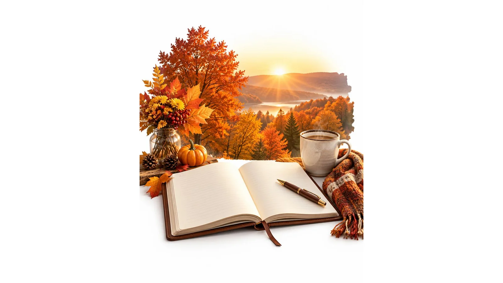 Inspirational October scene with sunrise over autumn trees, open notebook, and warm light on clean white background