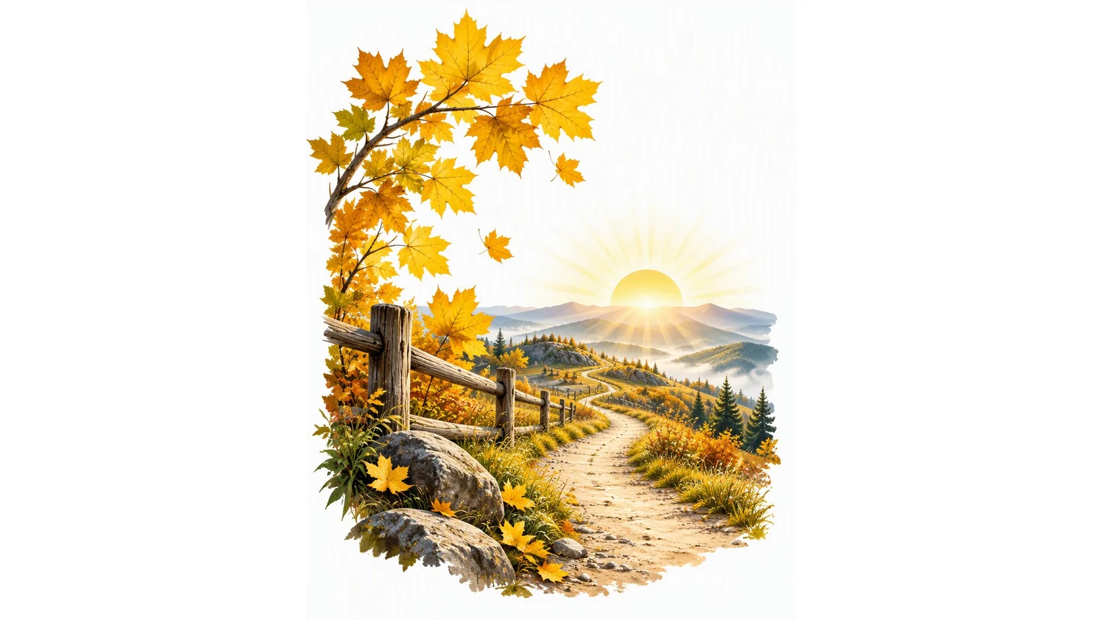 Inspirational September illustration with rising sun, yellow leaves, and open path on clean white background