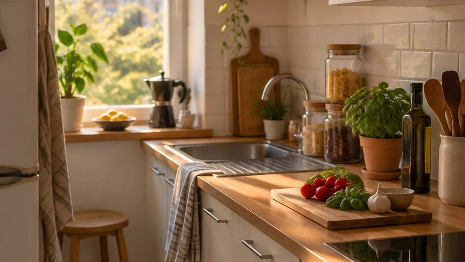 A compact apartment kitchen counter with stacked jars, a cutting board, and warm afternoon light