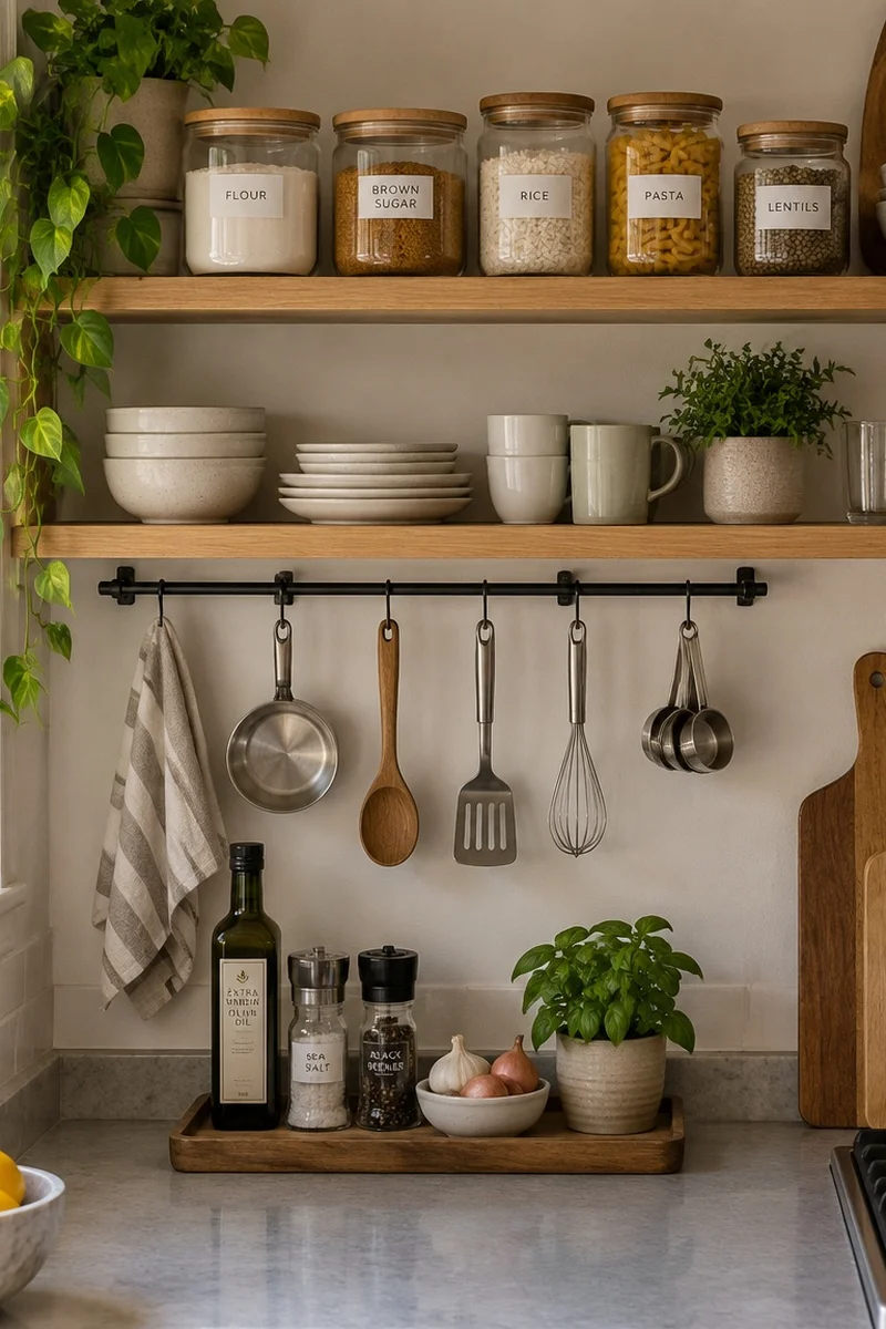 Small kitchen shelf with labeled jars, hanging utensils, and a tidy prep tray in soft daylight