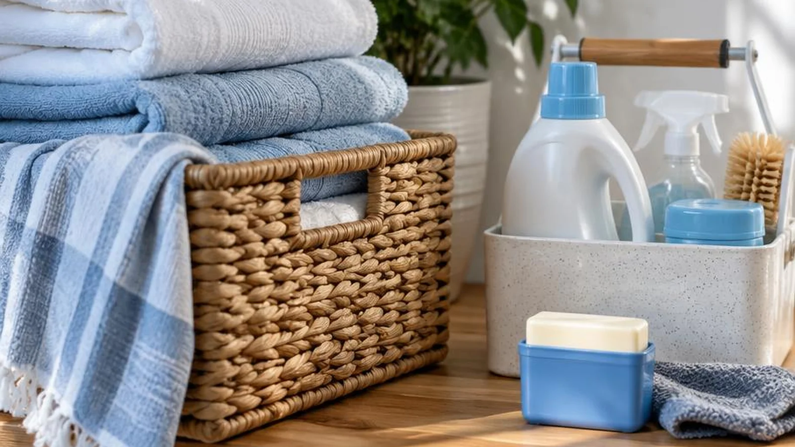 A laundry basket with folded towels and a simple stain stick on a sunny utility shelf