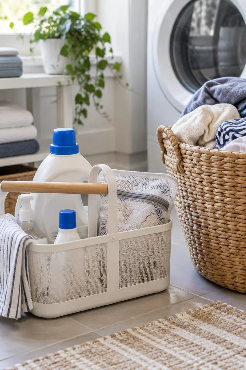 Laundry caddy with detergent, stain stick, and mesh bag beside a basket of mixed clothes