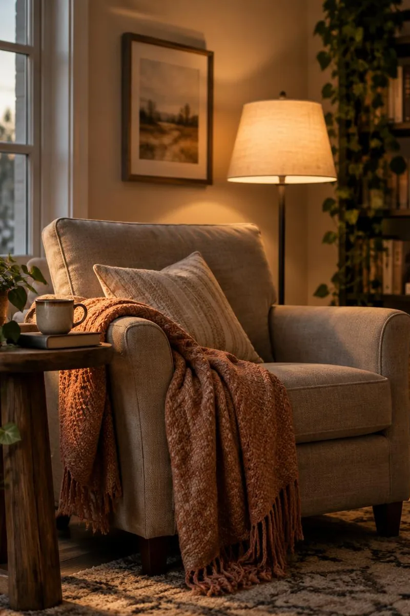 Quiet chair and warm lamp light for life reminders on hard weeks