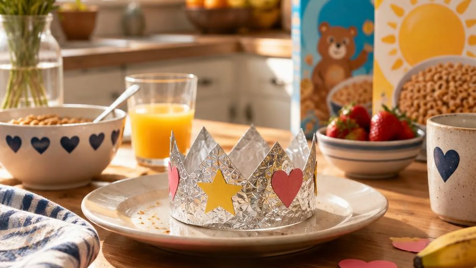 Playful kitchen scene with paper crowns and notes for sibling pranks