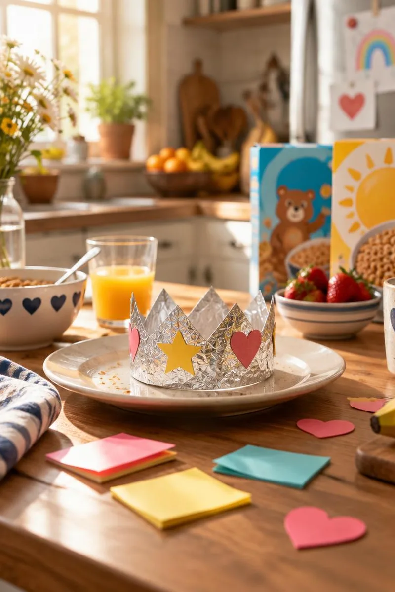 Playful kitchen table with paper crowns and sticky notes for sibling pranks