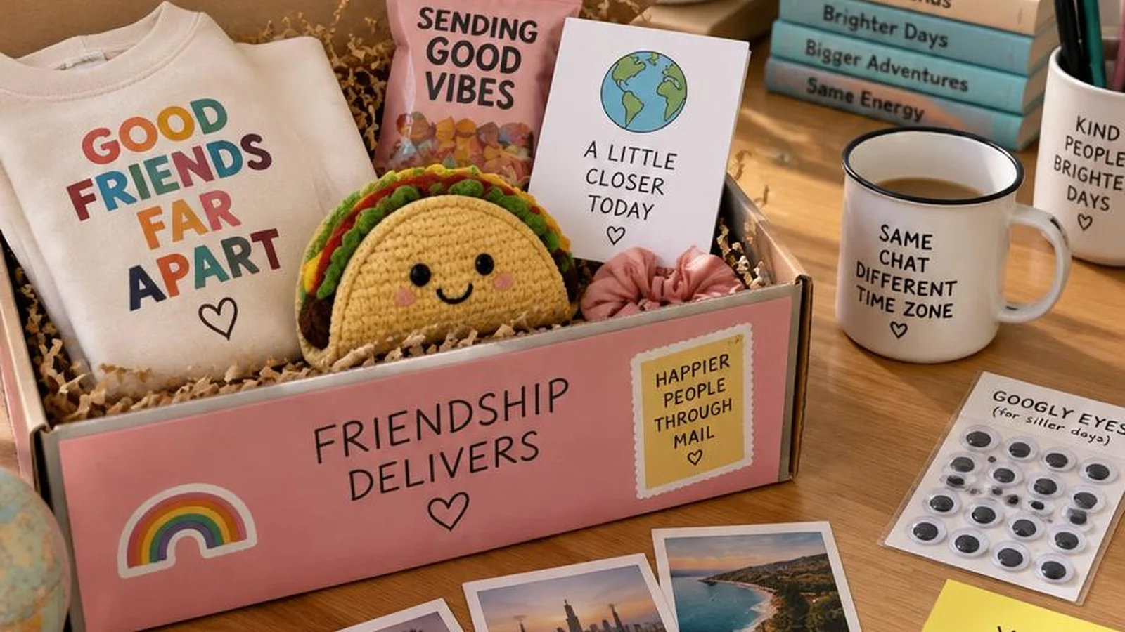 Desk with open mail package sticky notes polaroids and playful long-distance friendship surprise props