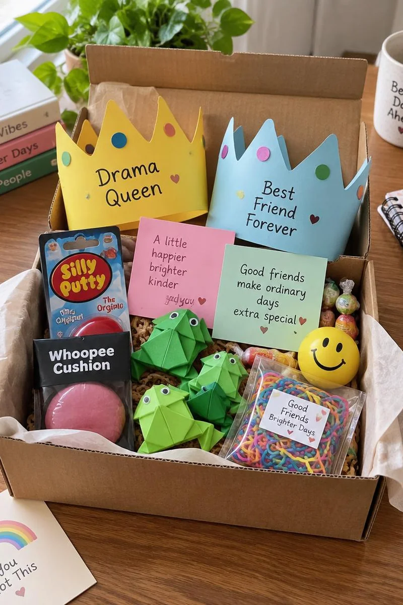 Open care package with paper crowns notes and long distance friendship prank props