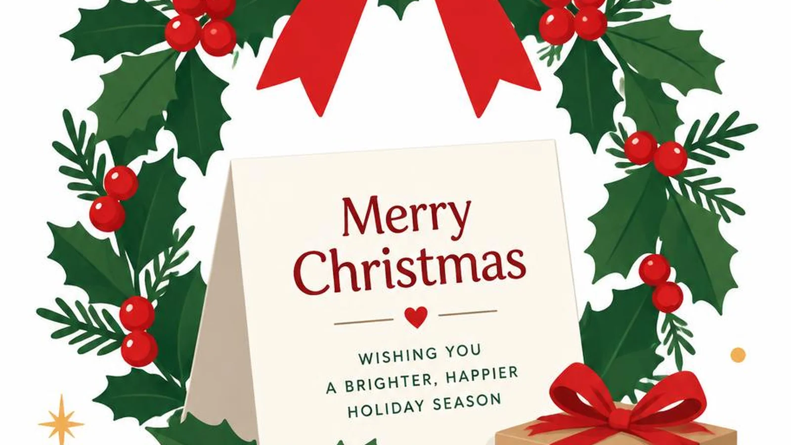 Clean illustration of a Christmas wreath and greeting card on a white background.