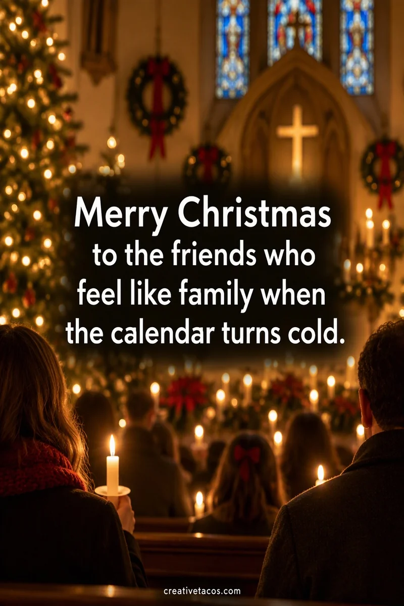 Quote card: Merry Christmas to the friends who feel like family when the calendar turns cold.