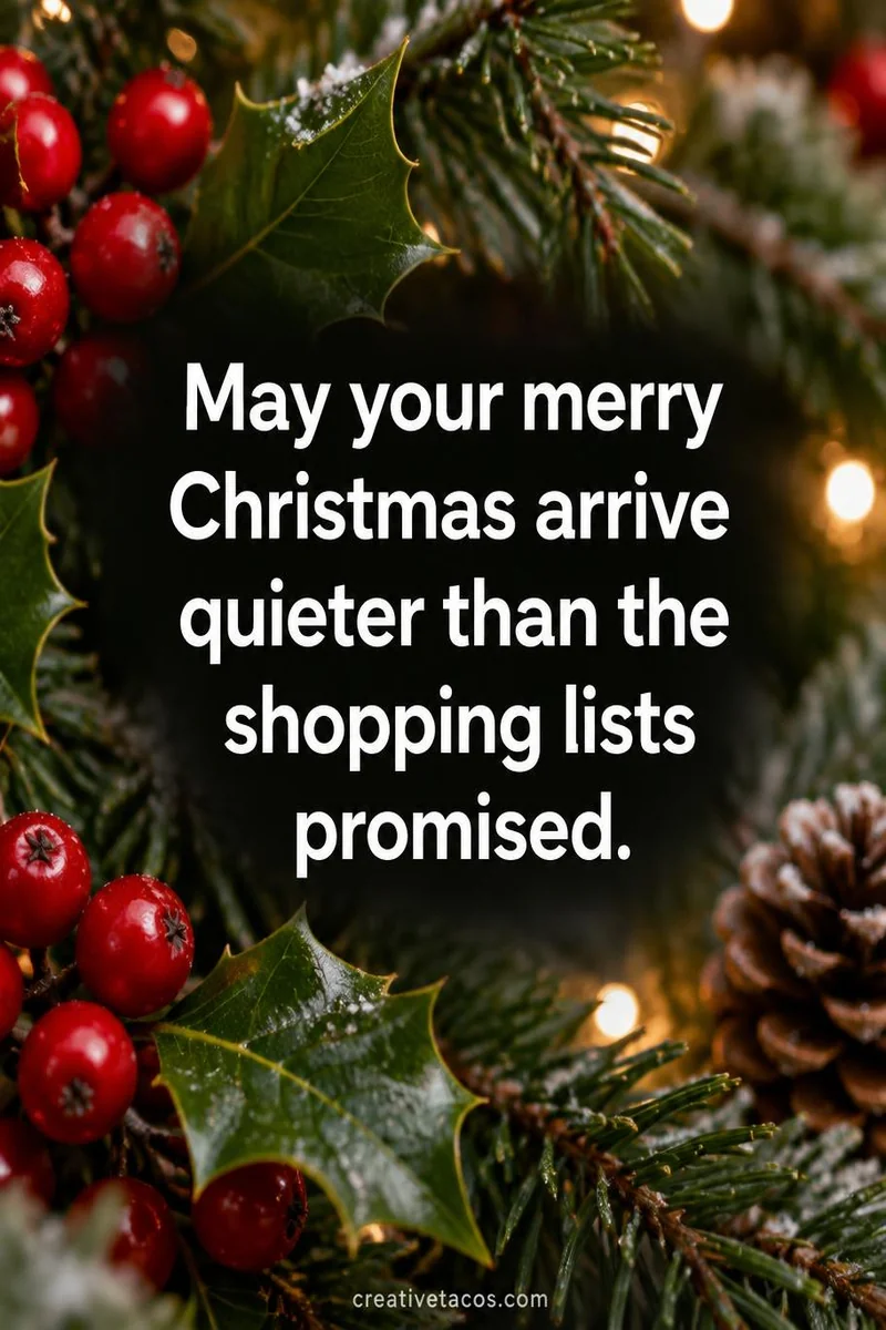 Quote card: May your merry Christmas arrive quieter than the shopping lists promised.