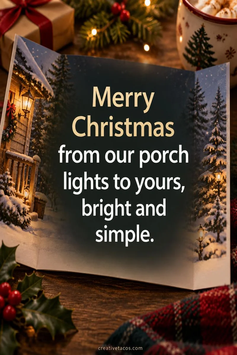 Quote card: Merry Christmas from our porch lights to yours, bright and simple.