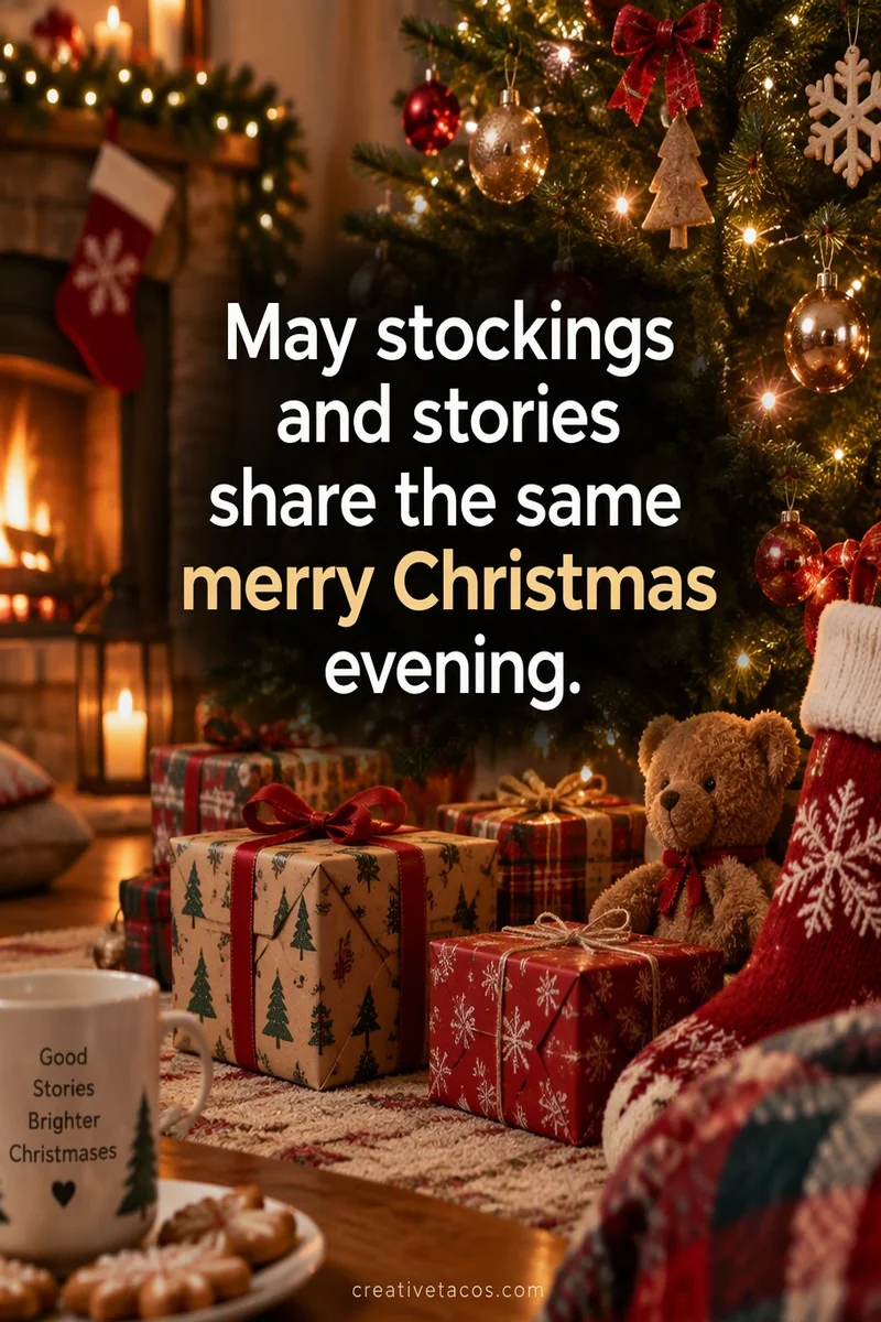 Quote card: May stockings and stories share the same merry Christmas evening.
