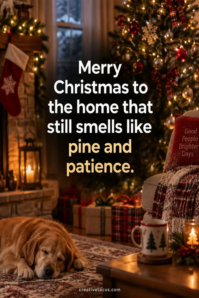 Quote card: Merry Christmas to the home that still smells like pine and patience.