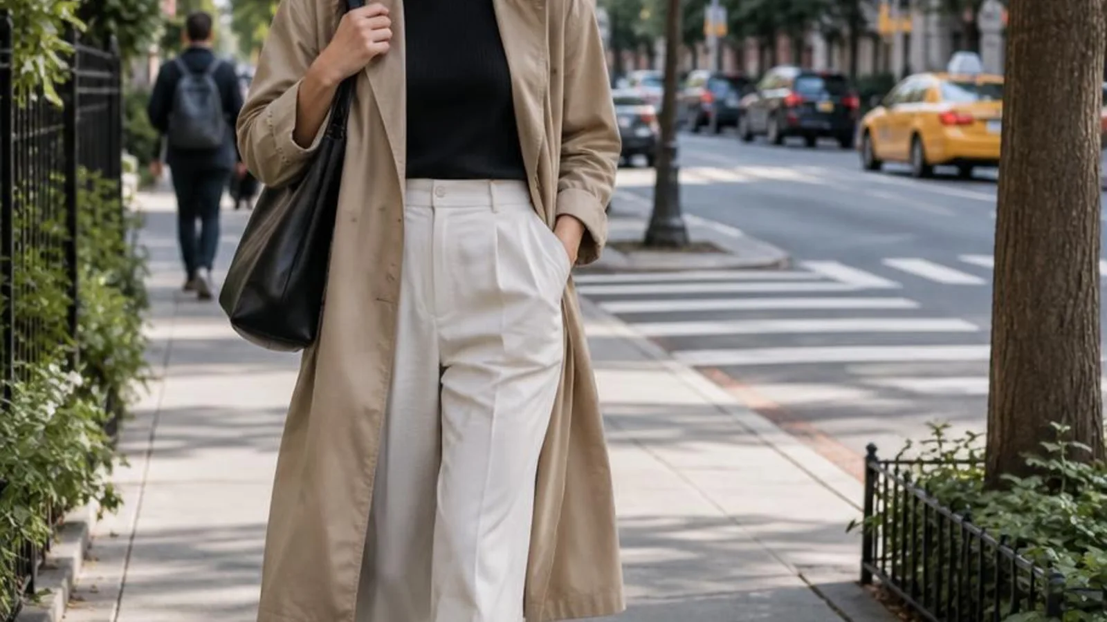 A city sidewalk with daylight, a crosswalk, and a person walking with attention
