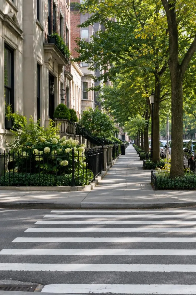 A city crosswalk and tree lined sidewalk for a short mindful walk between errands