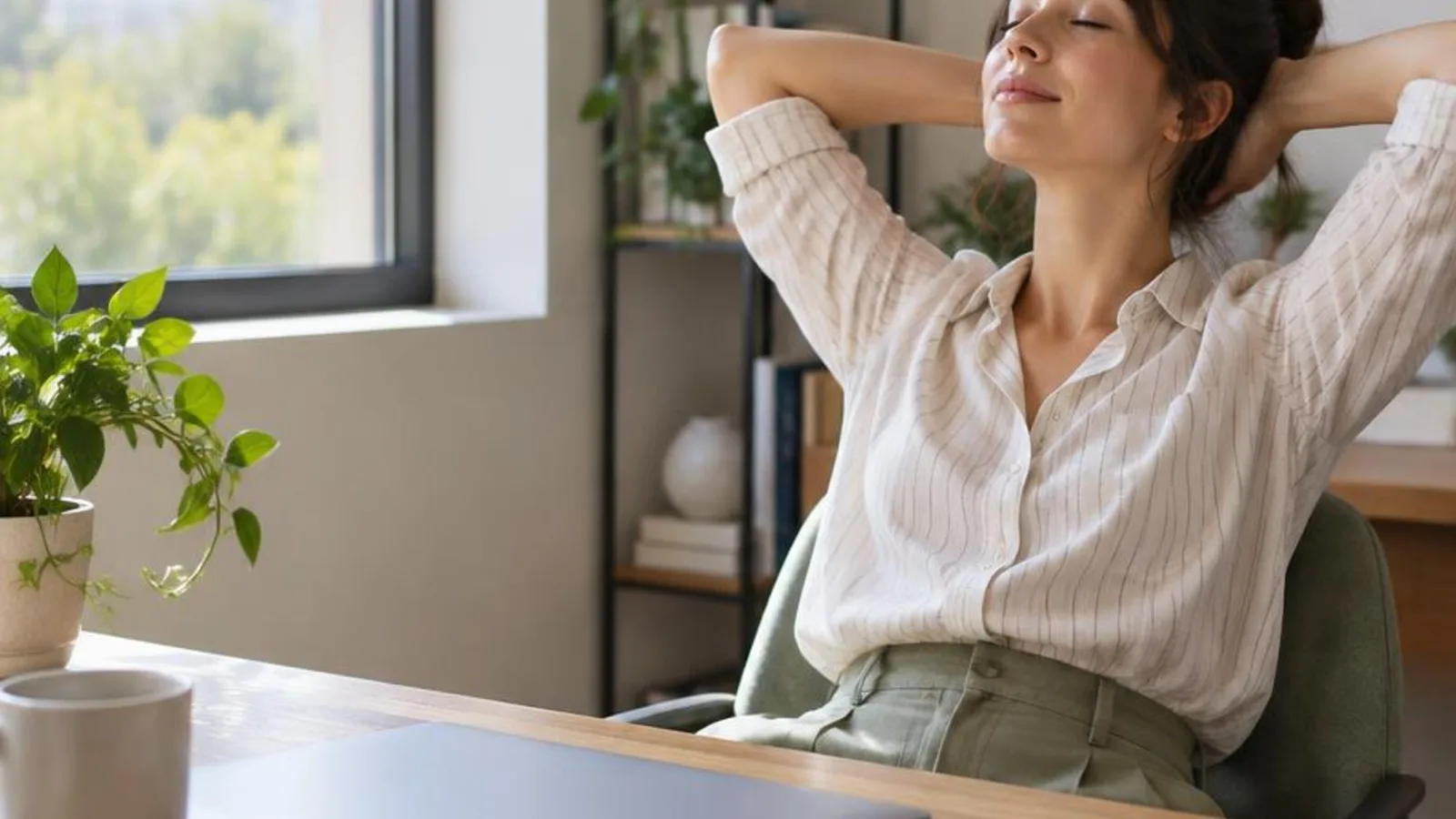 A desk with a closed laptop and a notepad for an overthinker taking a mindful pause