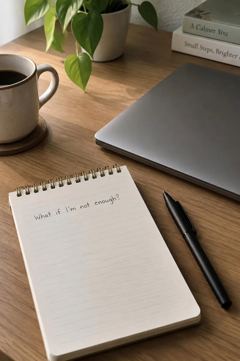 A notepad with one short worry line and a pen resting beside a closed laptop