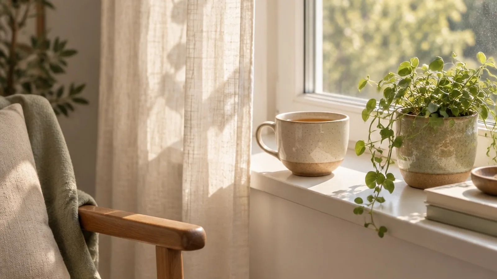 A peaceful pause by a window with tea and soft daylight for a busy-day mindfulness moment