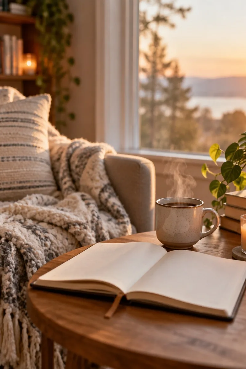 A calm window seat with soft light, a mug of tea, and a quiet pause in a busy day