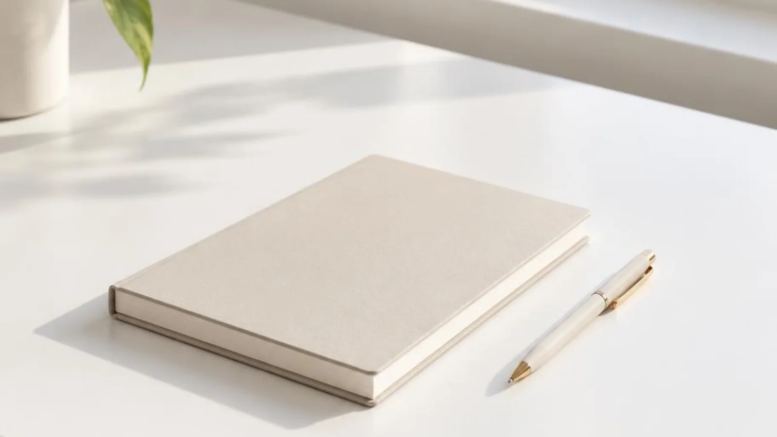 White desk with a single notebook, pen, and pale daylight for minimalist Instagram bio ideas