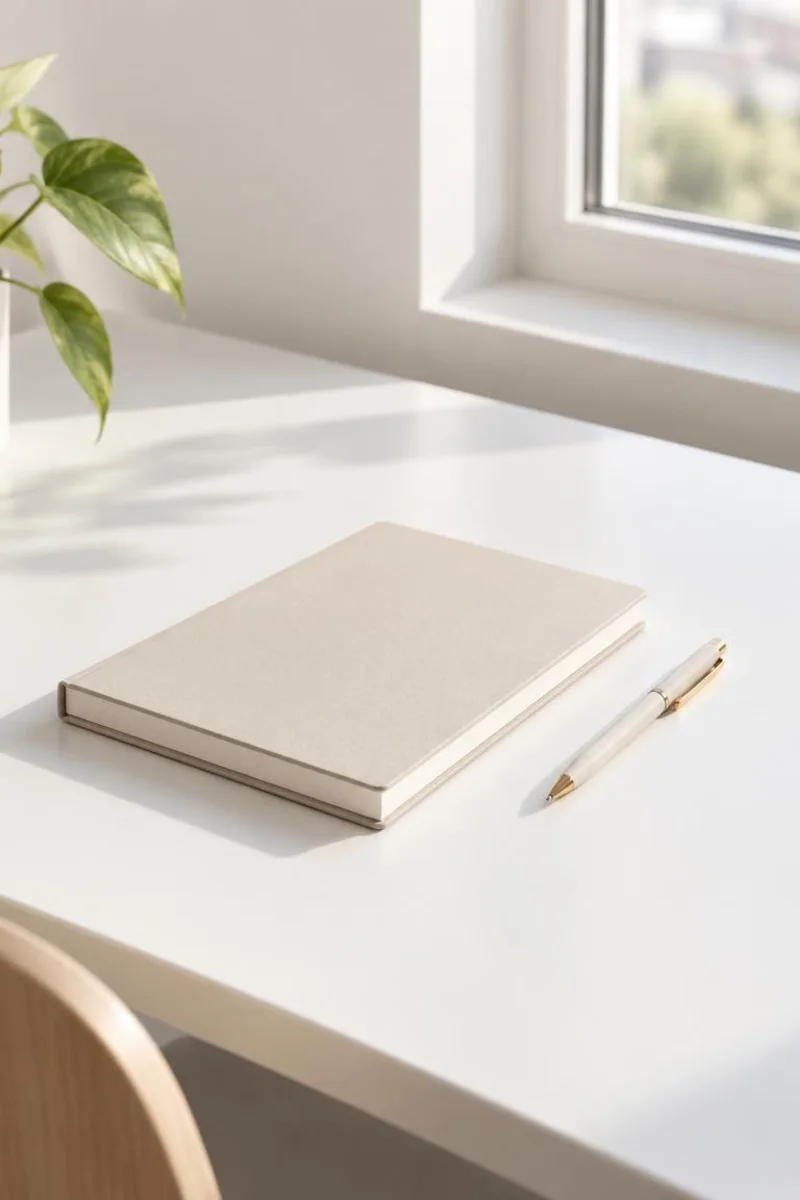 White desk with a single notebook and pen for minimalist Instagram bios