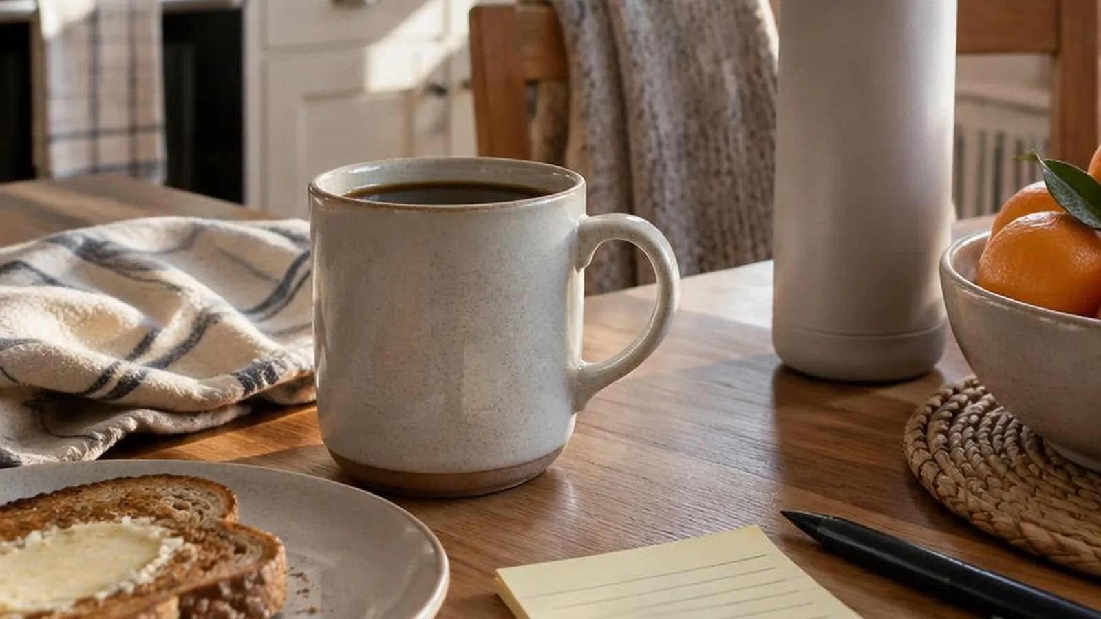 A realistic weekday morning scene with coffee, daylight, and a simple handwritten to-do sticky note