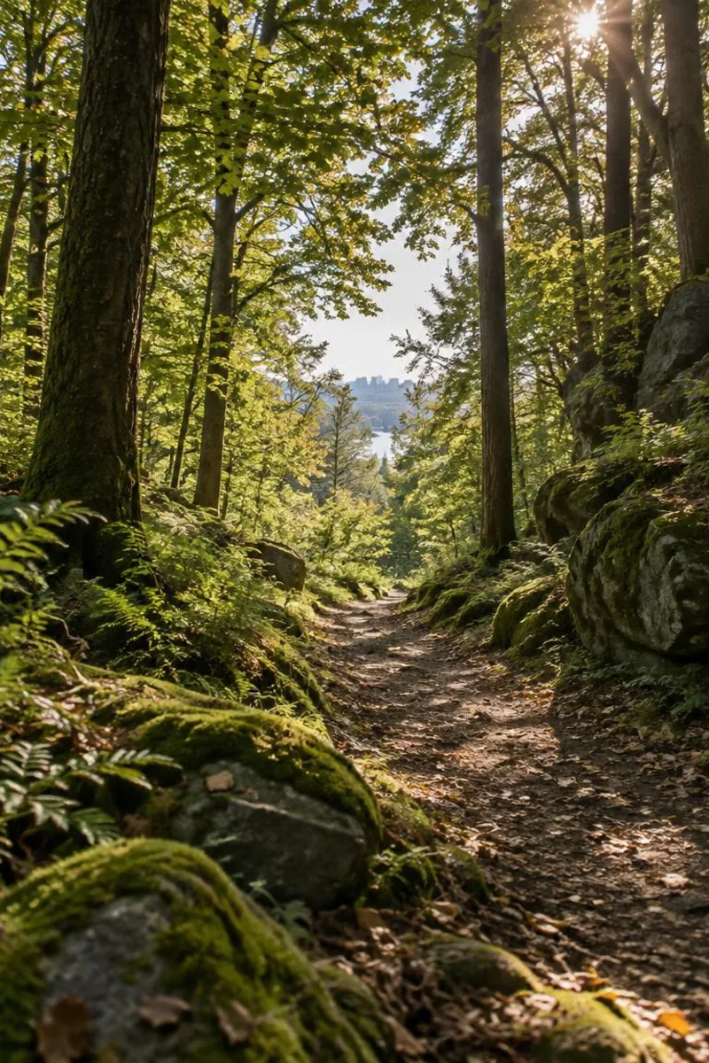 Vertical forest path mood suggesting a nature escape near the city