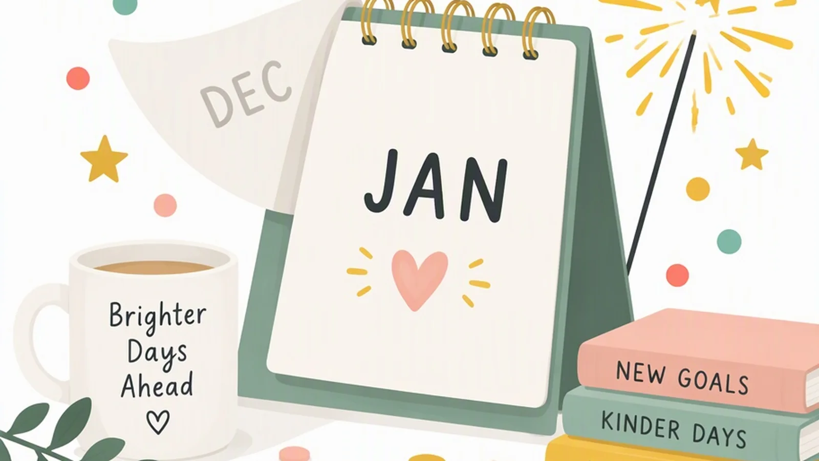 Clean illustration of a calendar turn and sparklers on a white background.