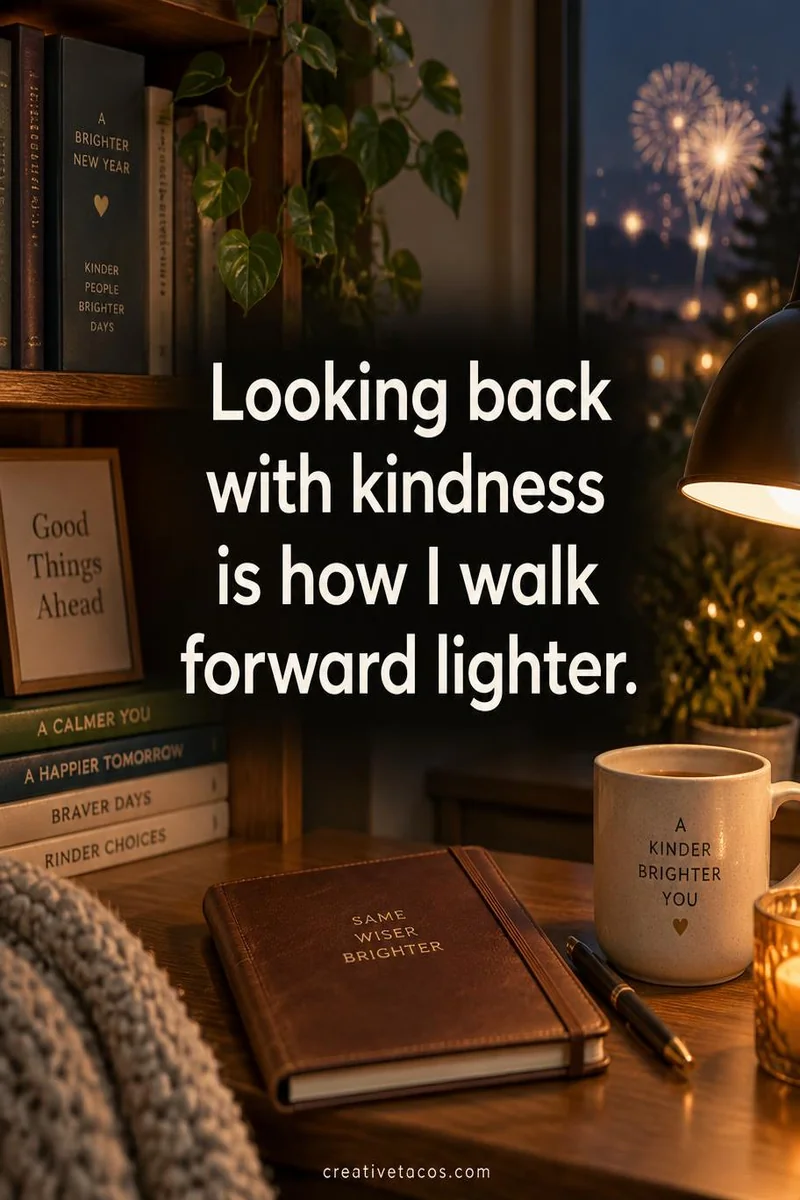 Quote card: Looking back with kindness is how I walk forward lighter.