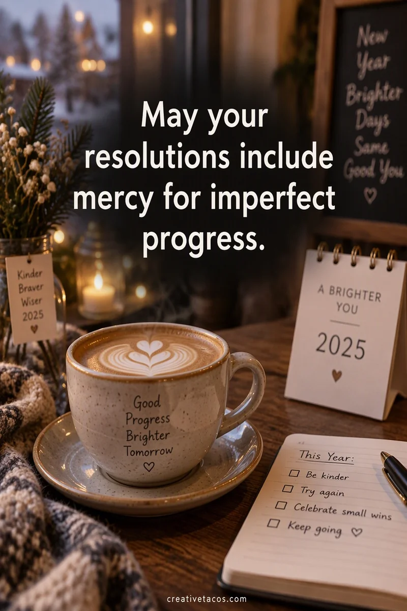 Quote card: May your resolutions include mercy for imperfect progress.