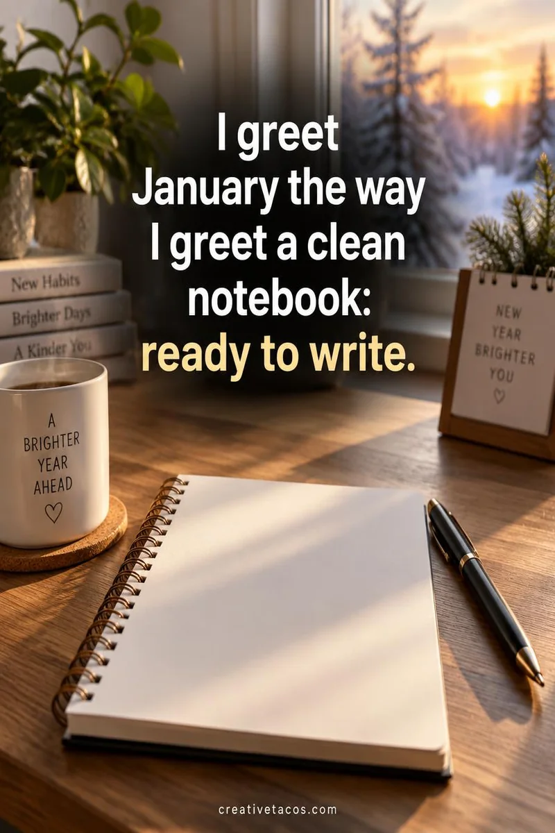Quote card: I greet January the way I greet a clean notebook: ready to write.