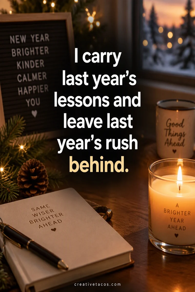 Quote card: I carry last year's lessons and leave last year's rush behind.
