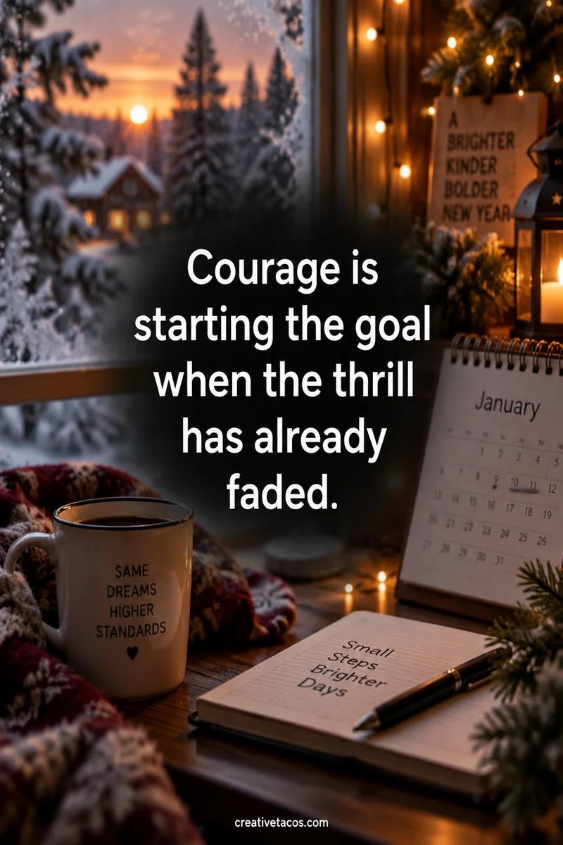 Quote card: Courage is starting the goal when the thrill has already faded.