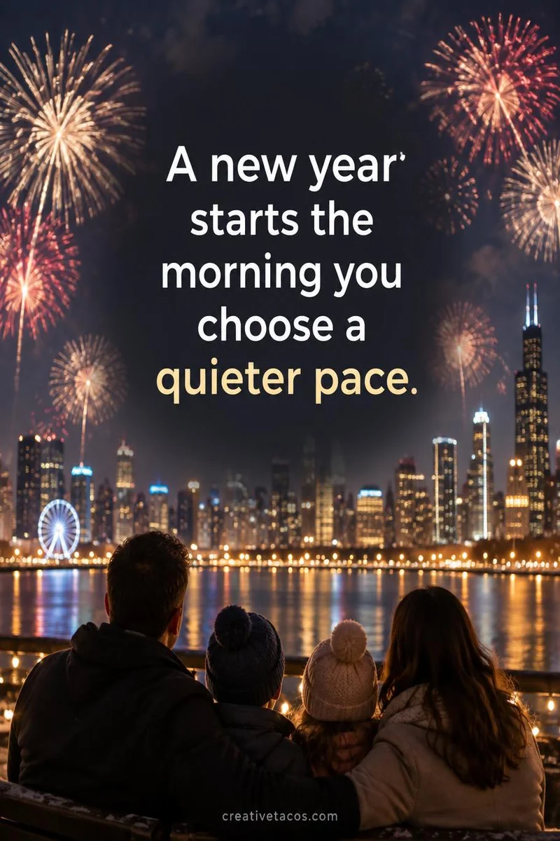 Quote card: A new year starts the morning you choose a quieter pace.