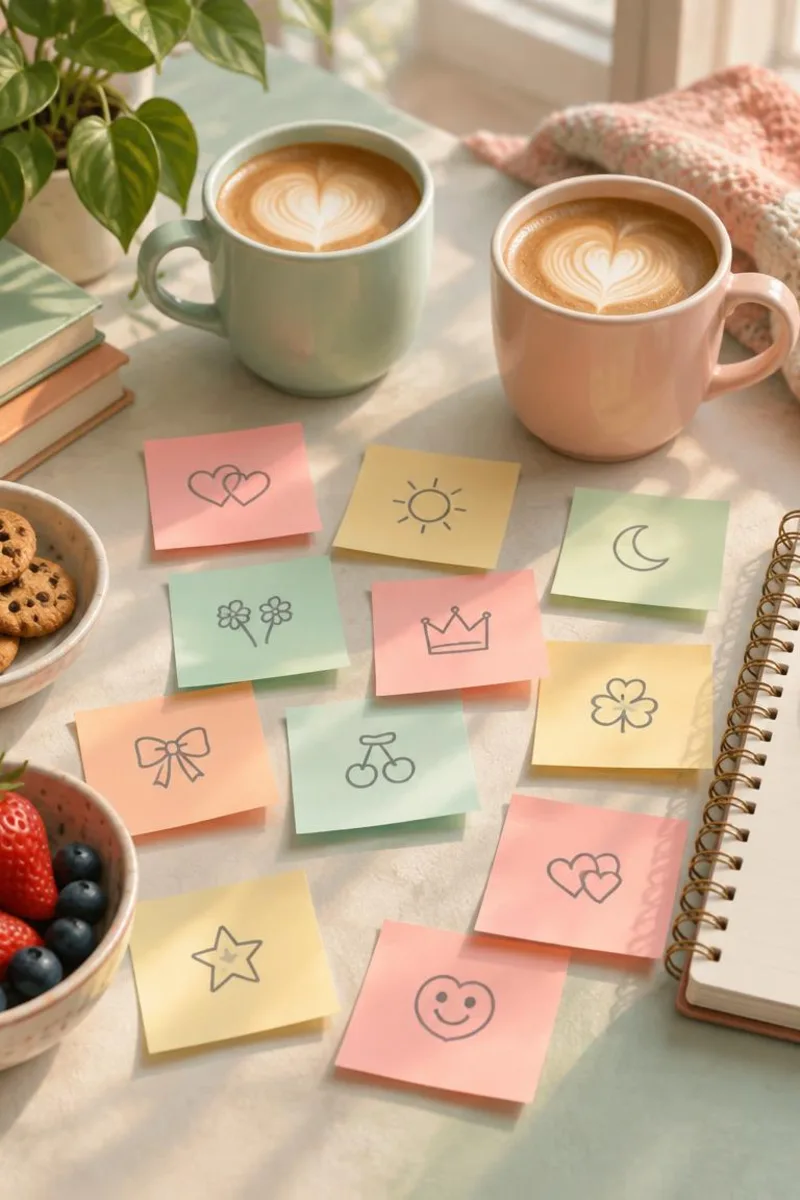 Two coffee cups and colorful sticky notes suggesting best friend nicknames