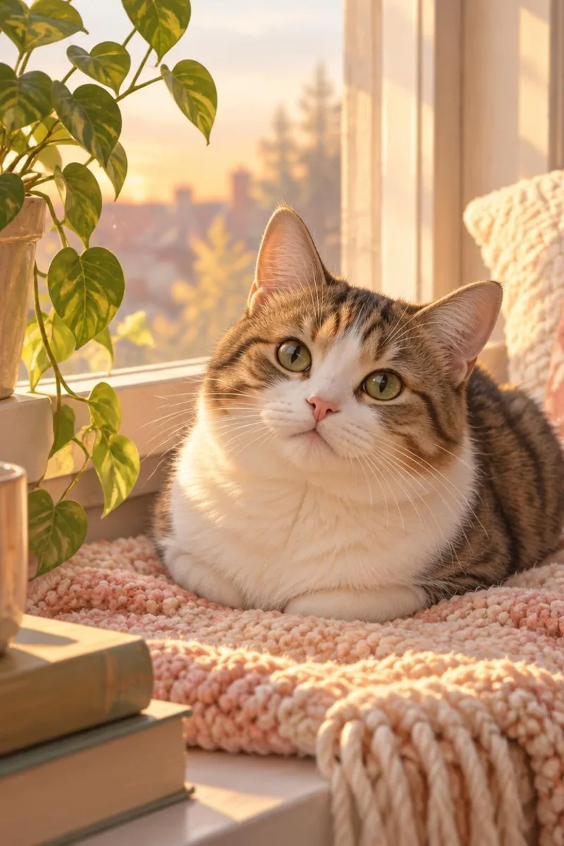 A cozy cat loaf on a sunlit windowsill suggesting fun cat nicknames