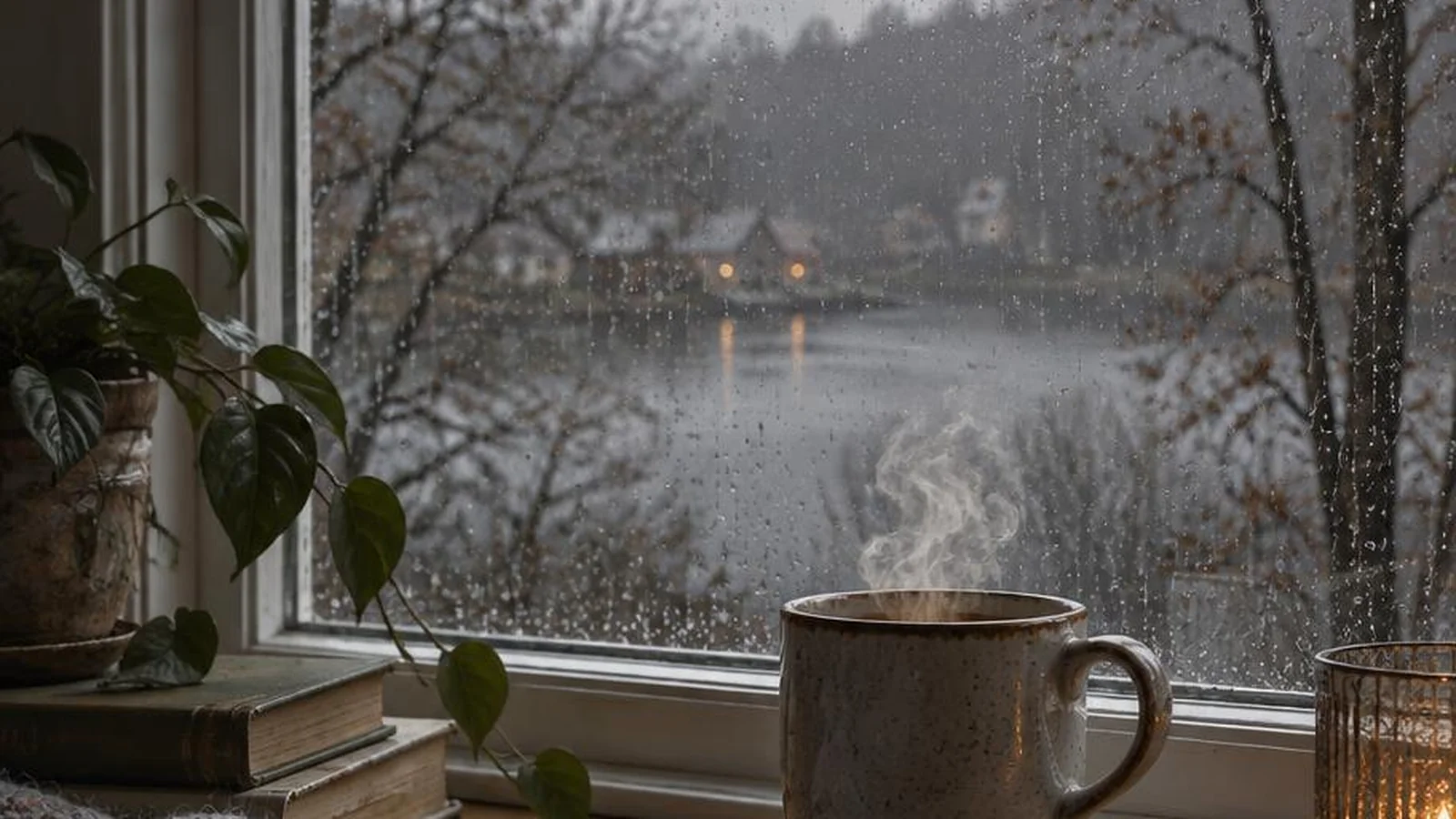 Quiet November window with bare trees, gray light, and a steaming mug.
