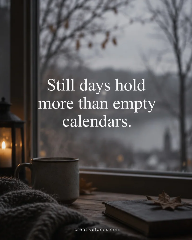 November quiet quote card with bare trees, gray light, and a creativetacos.com footer