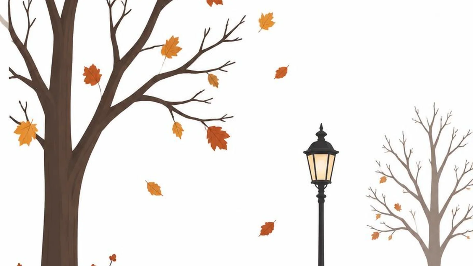 Clean illustration of bare November trees and fallen leaves on a white background.